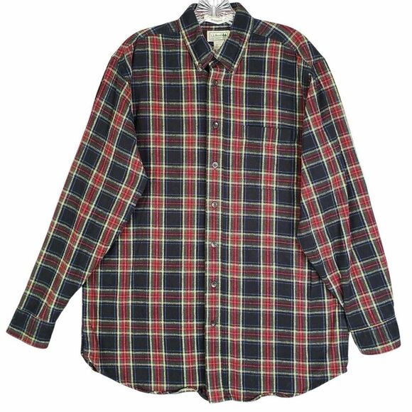 LL Bean Shirt Mens Size MT Medium Tall Black Red Plaid Flannel LS Button Down LS - Picture 2 of 7